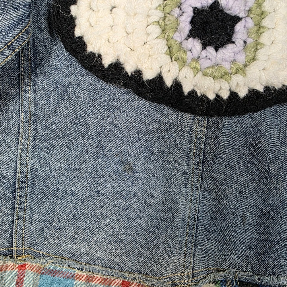 Free People L Sirius Upcycled Denim Plaid Jacket Crochet Evil Eye Jean Flannel - Picture 6 of 12